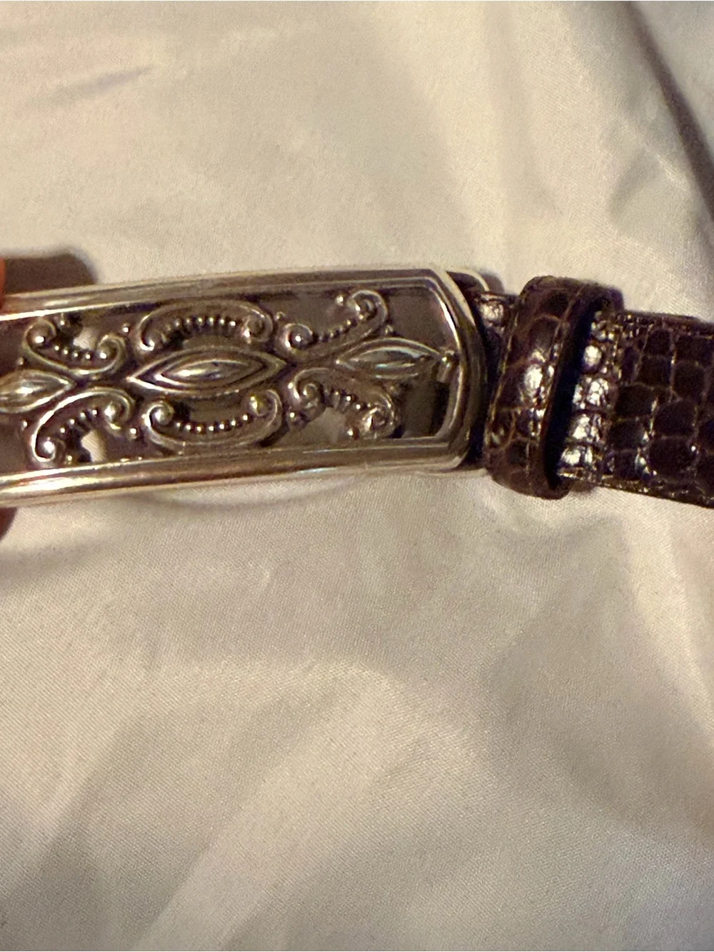 Brighton Leather Belt Size 32 M/L Brown Croc Embossed Ornate Silver Buckle